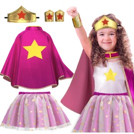 iROLEWIN Wonder Star Superhero-Costumes for Girls Dress-Up Super-Hero-Capes for Kids Tiara Tutu as Halloween Birthday Gifts