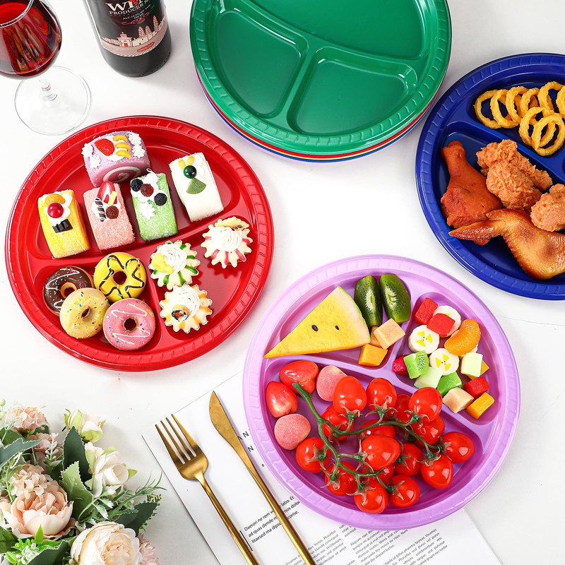 Teenyyou 50 Pcs 10 Inch Plastic 3 Compartment Divided Plates