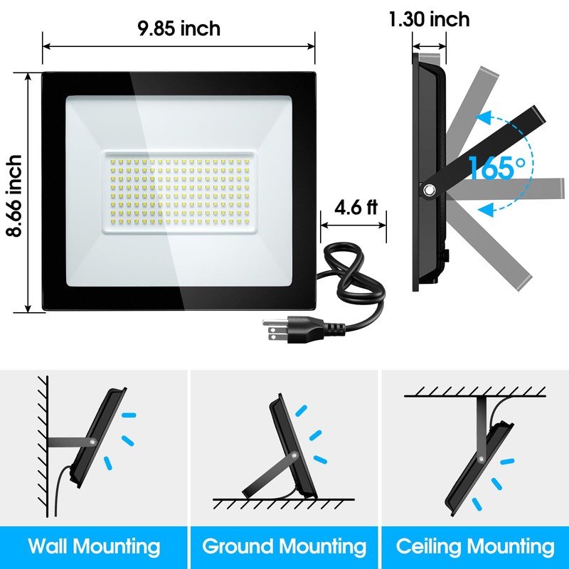 Yolovis Flood Lights Outdoor,100W 10000LM Super Bright LED Work Flood