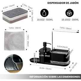 CHENEYMX Dispensador de Jabon Dispensador de Jabon Cocina Set de Organizacin de Cocina con Portarrollador de Paos Esponja y Jabonera Base Antideslizante Ideal para Cocina, Bao y Fregadero (Negro)
