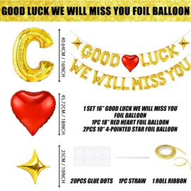 Good Luck We Will Miss You Gold Letter Balloons, Large 16 Inch Aluminum Balloons with Star&Red Heart Retirement Party Decoration for Coworker Leaving Farewell Going Away Goodbye Graduation Party Favor