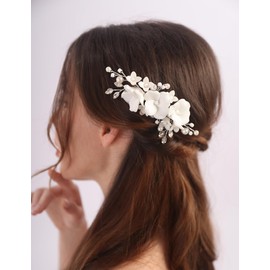 Teyglen Bride Wedding Hair Comb White Flower Pearl Hair Piece Floral Flower Rhinestone Headpiece Bridal Flower Hair Comb Hair Accessories for Women
