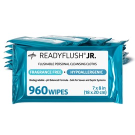 Medline ReadyFlush JR Flushable Wipes, 960 Wipes (40 Wipes, 24 Packs), Travel-Sized, Unscented, Biodegradable Wet Wipes with Aloe, Hypoallergenic & pH-Balanced Personal Cleansing Cloths, 7x8 inch Wipe