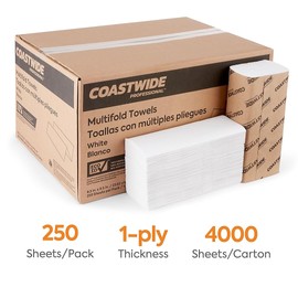 COASTWIDE 1-Ply Paper Towels, Tri-Fold Design, Recycled, 250-Sheets Per Pack, 16-Pack, White