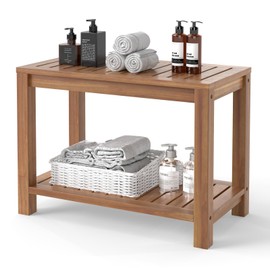 Giantex Teak Shower Bench with Shelf, 24 Inch Shower Stool with Slatted Seat for Elderly Seniors, Waterproof Bathroom Spa Bathing Seat Foot Rest Entryway Bench for Indoor and Outdoor Use
