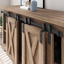 FREDBECK 8 FT Mini Cabinet Bypass Barn Door Hardware Kit Single Track 72inch Small Sliding Barn Doors Track Kit for 4 Doors Storage Closet Window TV Stand Wardrobe (No Cabinet)