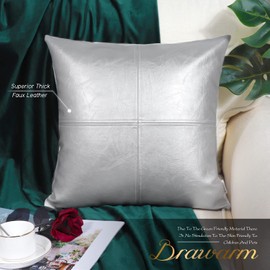 BRAWARM Faux Leather Throw Pillow Covers 18 X 18 Inches, Silver Leather Pillow Cover, Hand Stitched Leather Decorative Pillow Cover for Couch Sofa Bed Living Room Home Garden