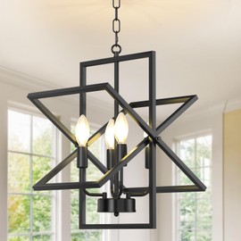 Black Chandelier, 4-Light Farmhouse Dining Room Light Fixture/Chandelier Over Table, Modern Kitchen Island Lighting, Industrial Foyer Lighting Fixtures, Geometric Hanging Pendant Lights for Entryway