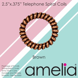 Amelia Beauty Products 8 Large Smooth Sparkly Elastic Hair Coils, 2.5in Diameter, Large & Transparent with Shiny Silver Core. Gentle on Hair, Stong Hold and Minimizes Dents and Creases, Brown