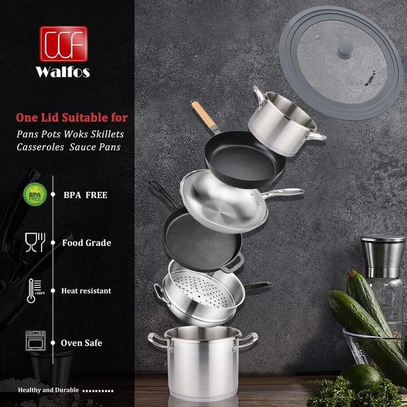 Walfos Universal Lid for 10.5", 11.5" and 12" Diameter Cookware,