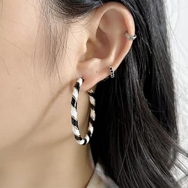 Colorful Candy Hoop Earrings for Women Girls Gold Tone Big Twisted Diagonal Striped Xmas Statement Dangle Drop Huggie Open Hoops Earring Fashion Fun Festival Ornament Jewelry Gifts (Black White)