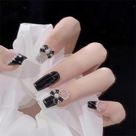 LEVGAL Nail Tips, Medium, Black, Fake Nails, 3D Ribbon, Pearl Included, Short, Popular Nails, 24 Pieces, Japanese Style, Cute, Double-Sided Tape, Stylish, Simple, Coming-of-Age Ceremonies, Weddings, School Entrance Ceremonies, Graduation Ceremonies