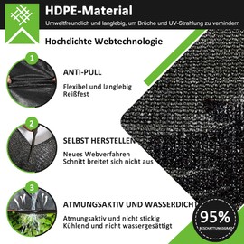 95% Sun Protection Net Shade Net with Eyelets, 2 x 2 m Sun Protection Lightweight and Durable Greenhouse Shade Net UV-Resistant Net for Pergola, Garden, Greenhouse, Chicken Coop