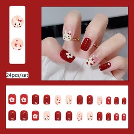Clataly 24Pcs Christmas Tree Love Short Fake Nails Pearl Flowers Dog Rabbit Acrylic False Nails Press on Nails for Women Girls (H)