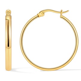 sovesi 3mm Wide Gold Hoop Earrings for Women, 14K Gold Plated Hoop Earrings, 30mm Hypoallergenic Gold Hoops.