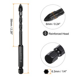 HARFINGTON 15pcs Masonry Drill Bit, 6mm Concrete Drill Bit 1/4" Hex Shank Ceramic Tile Drill Bit Carbide Tip for Brick, Glass, Plastic, Ceramic Tile, Wall Mirror, Black