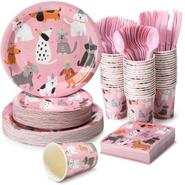 Jinei 350 Pcs Dog Birthday Party Supplies Pink Dog Tableware Set Serves 50 Guests Puppy Birthday Decorations Includes Pink Puppy Plates Cups Napkins Forks Knives Spoons for Party Supplies
