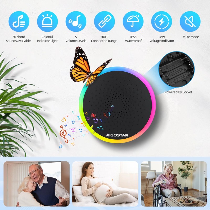 Aigostar Wireless Bell with RGB Light, IP55 Waterproof Outdoor Door