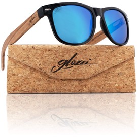 glozzi Sunglasses Men and Women Wood Polarised UV400 with Wooden Temple and Cork Glasses Case, Zebrawood mirrored