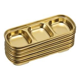 sourcing map 10 Pack Stainless Steel Dish Dipping Bowls with 3 Rectangular Compartment Divided, Metal Seasoning Plate Dipping Bowl for Condiment Home Party Restaurant Picnic Travel, Gold