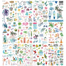 Oottati 12 Sheets Waterproof Summer 100+ Design Watercolor Swimming Cocktail Bird Painting Animal Flowers Coconut Tree Surfing Board Leaves Small Fake Temporary Tattoo Stickers