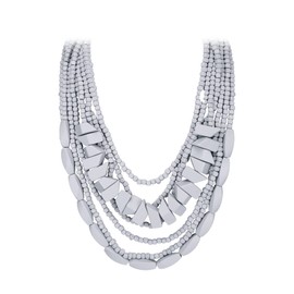 Flyonce Grey Statement Multi Layered Chunky Necklace, Vintage Boho Wood Beaded Strand Bib Collar Necklace for Women Guest Cocktail Party Dress