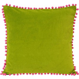 Riva Paoletti Velvet Pompom Cushion Cover - Green - Faux Velvet Fabric - Contrasting Fuchsia Pink Pompom Edges - Hidden Zip Closure - 100% Soft Cotton - 45 x 45cm (18" x 18" inches)