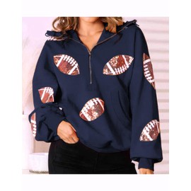 SeekMe Womens Game Day Sweatshirts Football Sequin Hoodies Tailgate Outfits Long Sleeve Zipper Sweaters with Pocket(1773-Navy-M)