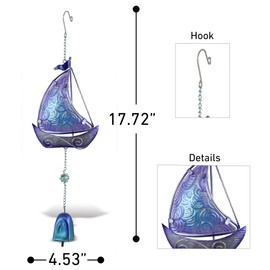 CoTa Global Purple Sailboat Hanging Sea Glass Wind Chime 17.72 Inch, Nautical Glass Boat Windchime Outdoor Decor for a Harmonic Porch, Patio & Garden, Unique Beach Art Indoor Wind Chime Window Mobile