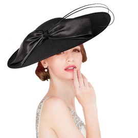 Royal Wide Brim Fascinator Hats for Women Kentucky Church Tea Party Dress Flat Top Fedoras Hat with Big Bow Feather