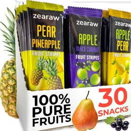 ZEARAW Healthy Fruit Snacks for Adults and Kids – 30 Organic Fruit Leather with Dried Apple-Pear, Black Currant, Pineapple – Vegan Low-Carb Variety Pack Strips for Kids – Sugar Free Bars