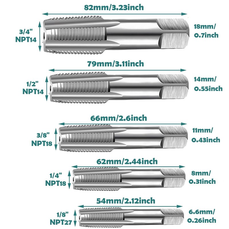 KEWAYO 5 Piece NPT Thread Cutting Set, 1/8", 1/4", 3/8",