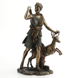 Veronese Design Resin Statues Diana Greek Goddess The Hunt, Moon and Nature Walking with Deer Statue 11 Inch 7 X 11.25 X 6 Inches Bronze