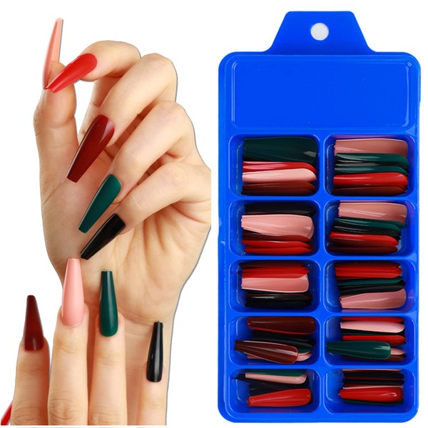 AddFavor 100pcs Long Coffin Press on Nails Full Cover Ballerina Fake Nails Glossy False Nail Tips 10 Size for Women Girls Nail Manicure