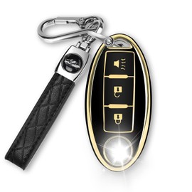 MILD EAST for Nissan Key Fob Cover with Leather Keychain, 3 Button Key Case Shell Soft TPU Full Protection Accessories for Altima Armada Maxima Murano Pathfinder Rogue Infiniti, Black, Black, black