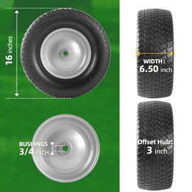 AR-PRO AR-PRO (2-Pack) 16x6.50-8 Flat-Free Tire and Wheel Assemblies, Relacement 16x6.5-8 Solid Turf Tire with Rim for Garden Tractor Riding Lawn Mowers, 3" Offset Hub and 3/4" Bushings
