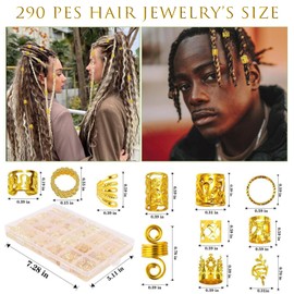 JSTHHTT Pack of 290 jewellery hair braid gold hair clips in spiral jewellery, accessories for dreadlocks, various fashion styles, for decorating hair of men and women