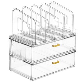 LALOBLUE Acrylic Desk Organizer Set, 2 Pack Stackable Drawer Organizer with 4 Vertical File Sorter and 2 Pen Holders, Desktop Storage for Files, Letter, Documents, Office Supplies, Desk Accessories