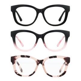 LADEESSE Readers for Women Oprah Style 3 Pack Square Reading Glasses with Spring Hinge Blue Light Blocking Ladies（Black+Pink Leopard+Black pink,3.75）