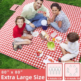 ZAZE Picnic Blanket Extra Large Waterproof, 80''x80''Checkered Picnic Blankets Beach, Outdoor, Camping on Grass Accessories Couple Ideas Wedding Registry Gifts (Red and White)