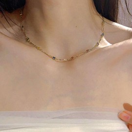 Yheakne Vintage Bunte Kristall-Halskette Multi Farbe Strass Choker Halskette Multi Kristall Baguette Halskette Winzigen Cz Edelstein Station Halskette Schmuck Für Frauen