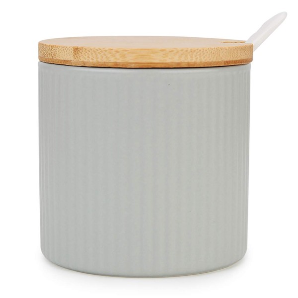 Chase Chic Ceramic Sugar Bowl, Sugar Pot with Wooden Lid and Porcelain Spoon 8.4oz/250ml in Stripe Shape, Suit for Coffee Bar, Kitchen and Home Breakfast, Matte Grey