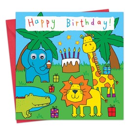 Twizler Happy Birthday Card for Children's Birthday Card – Googly Eye with Elephant, Giraffe, Crocodile and Lion Party