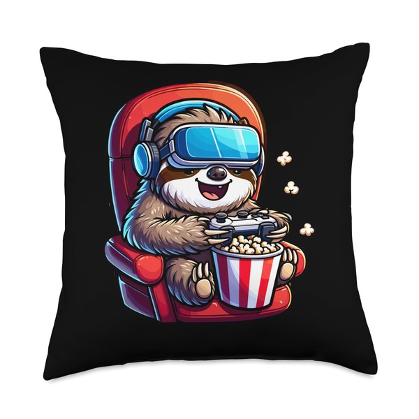 Gamer Sloth Popcorn Gaming Chair Headphones Games Player Throw Pillow