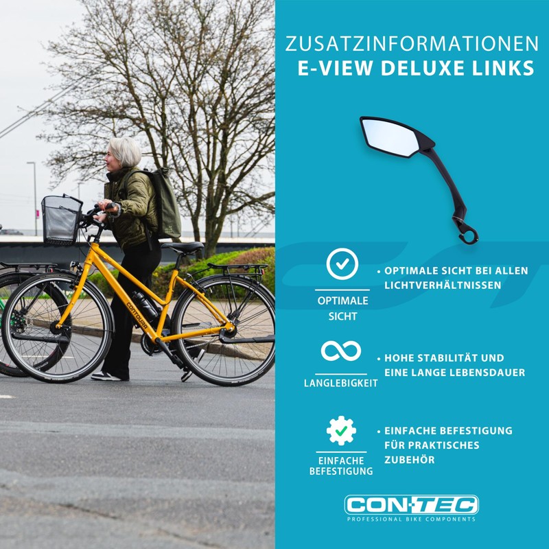 CONTEC E-View Deluxe Bicycle Mirror, E-Bike Rear View Mirror with