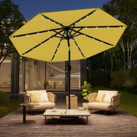 10 Ft Market Outdoor Patio Umbrella with Solar Lights Crank Lift & Push-Button Tilt | All Weather Lemon Yellow Powder Coated Aluminum Frame Durable Collapsible UV Fade Stain Water Proof