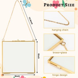 Barydat 12 Pcs Pressed Flower Frame with 10 Dried Flower Pouches Tweezers DIY Craft Kit 6x6in Gold Brass Double Clear Glass Hanging Floating Picture Frame with Metal Chain for Photo Wall Display Decor
