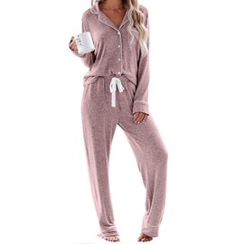 Aamikast Women's Two-piece Classic knit Pajama Sets Long Sleeve Button Down Sleepwear (XL, Pink)