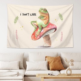 Smacget Frog Mushroom Tapestry for Bedroom Funny Retro Watercolor Plant Small Aesthetic Art Wall Hanging Cute Room Decor I Don't care Tapestry Decor for Living Room Teen Dorm Decor 60" x 40"