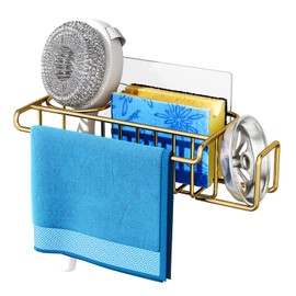 HapiRm Sponge Holder for Kitchen Sink, Two Installation Methods Sink Caddy Kitchen Sink Organizer, Rustproof and Waterproof Sink Sponge Holder-Gold(8.46 * 3.54 * 2.36in),(ZWJ09)